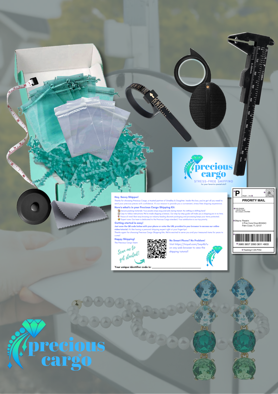 A Precious Cargo Stress Free Shipping Kit. The photo illustrates the components of the kit, including a jeweler's loupe, calipers, measuring tape, ring sizer, and packaging materials. 