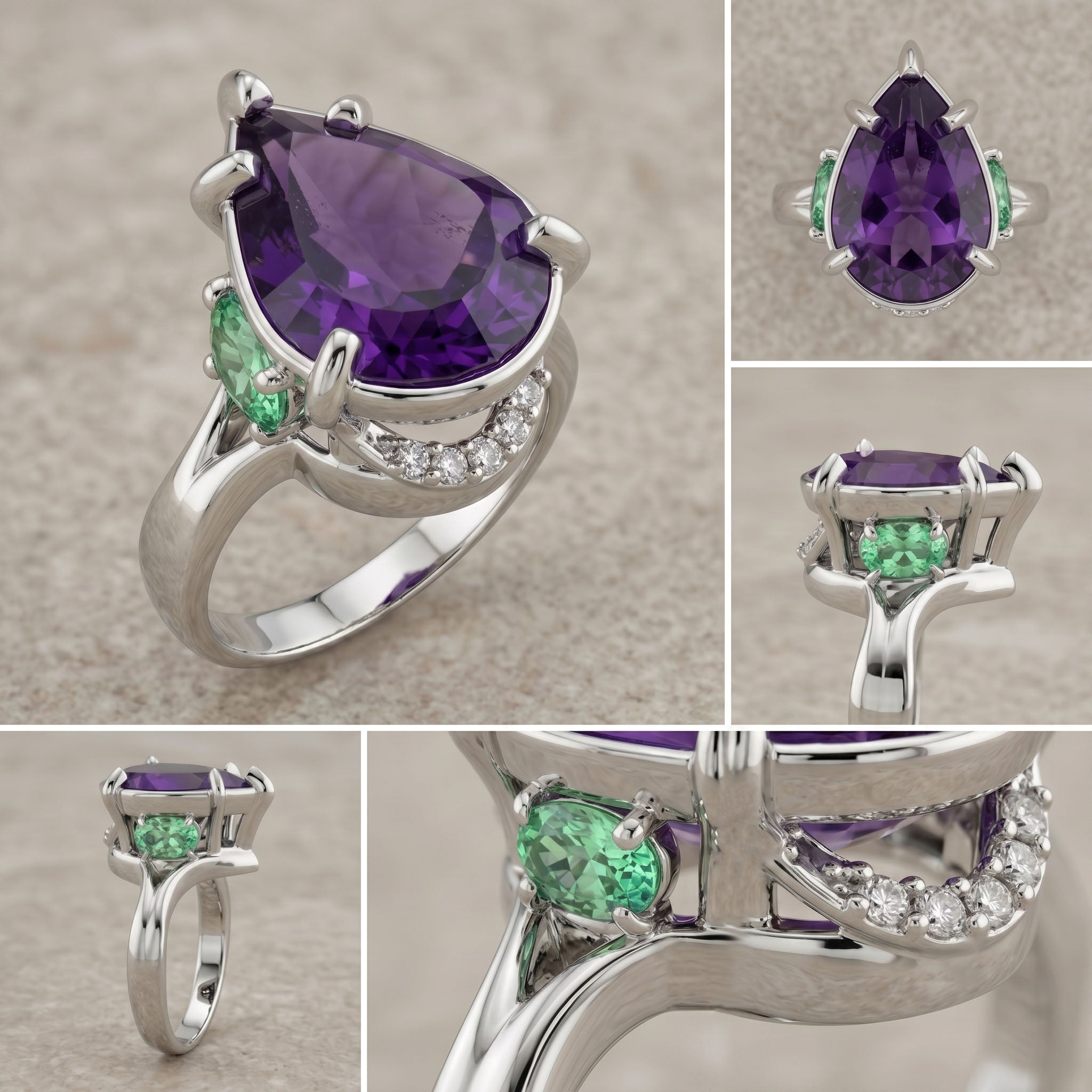 Collage of a silver ring with purple gemstone and green accents on a neutral background