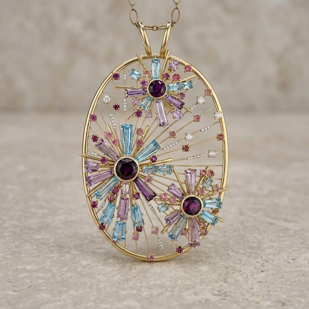 Gold pendant with multicolored gemstones in a firework pattern on a beige background