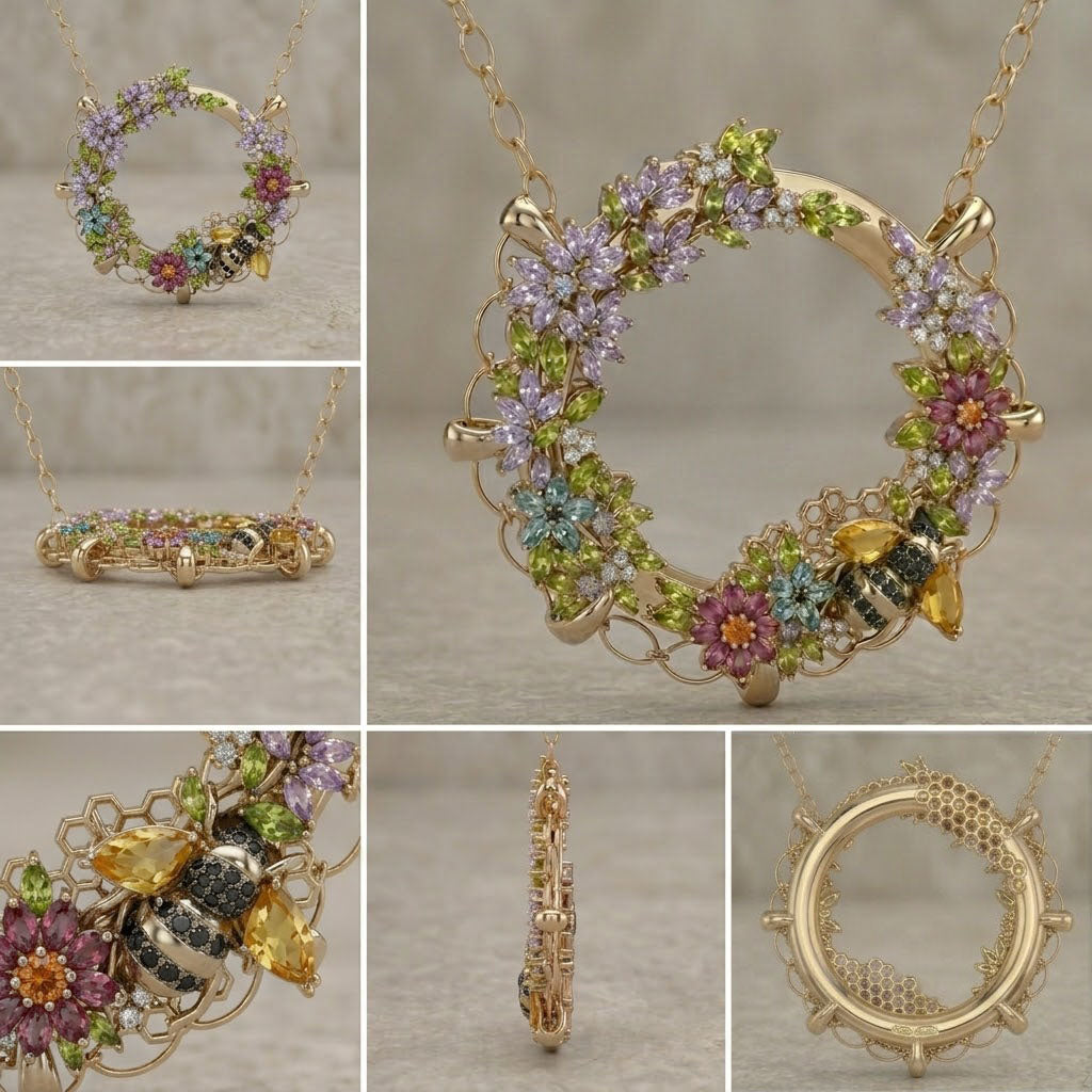 Gold necklace with floral and insect design on a gray background