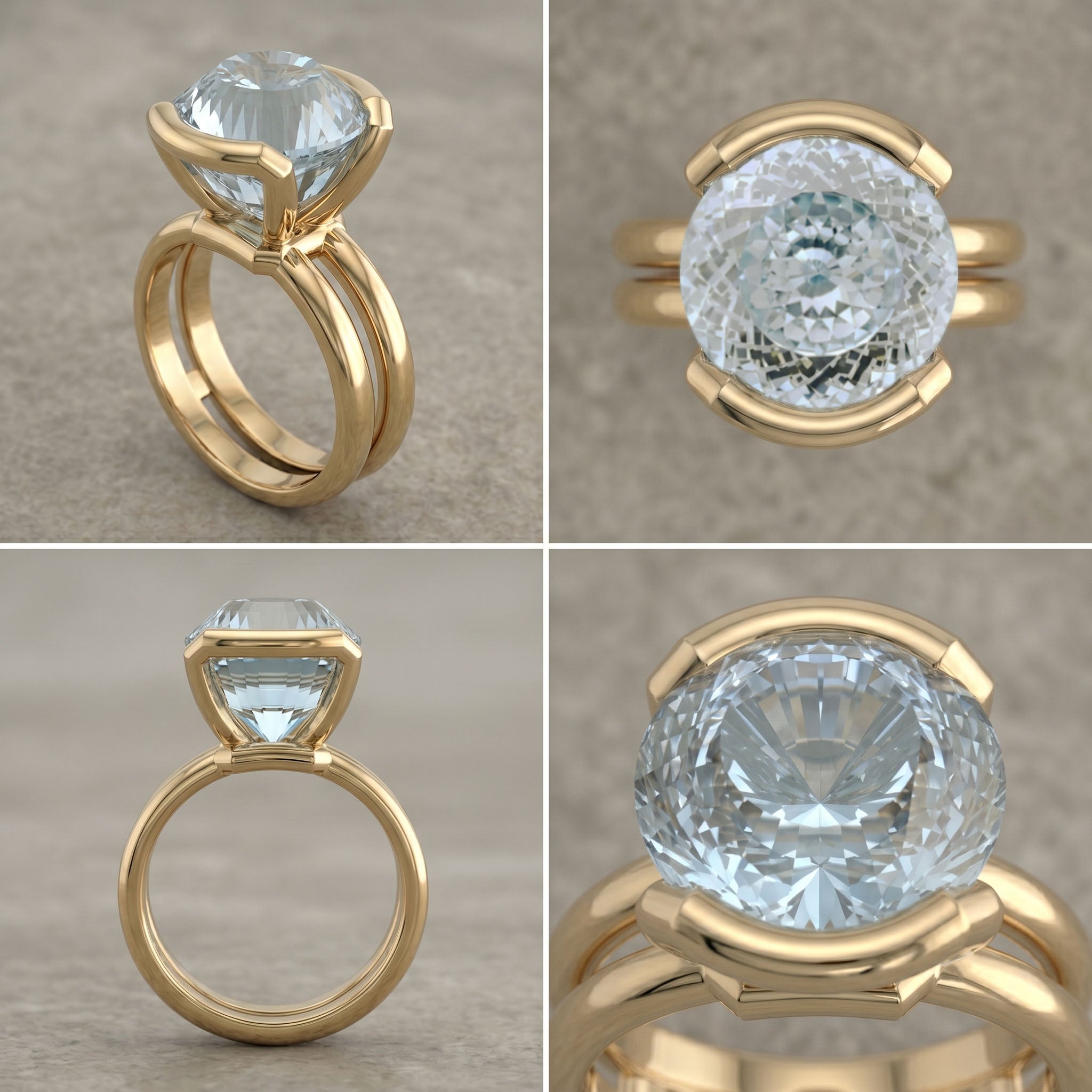 Gold ring with a large pale blue gemstone viewed from multiple angles on a neutral background
