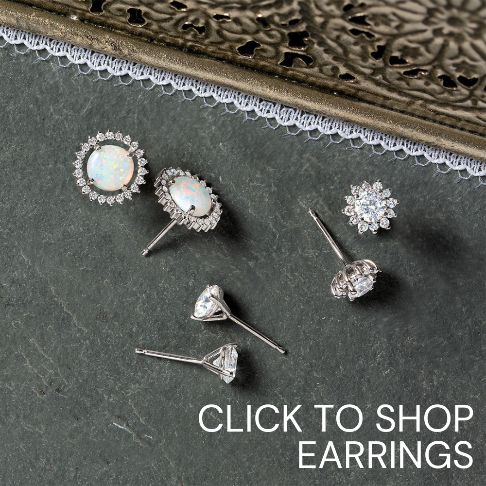 A variety of earring styles captioned click to shop earrings