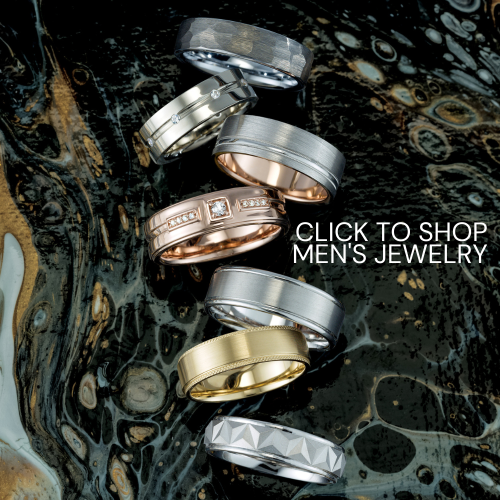 A selection of men's rings in different metals and finishes captioned click to shop men's jewelry