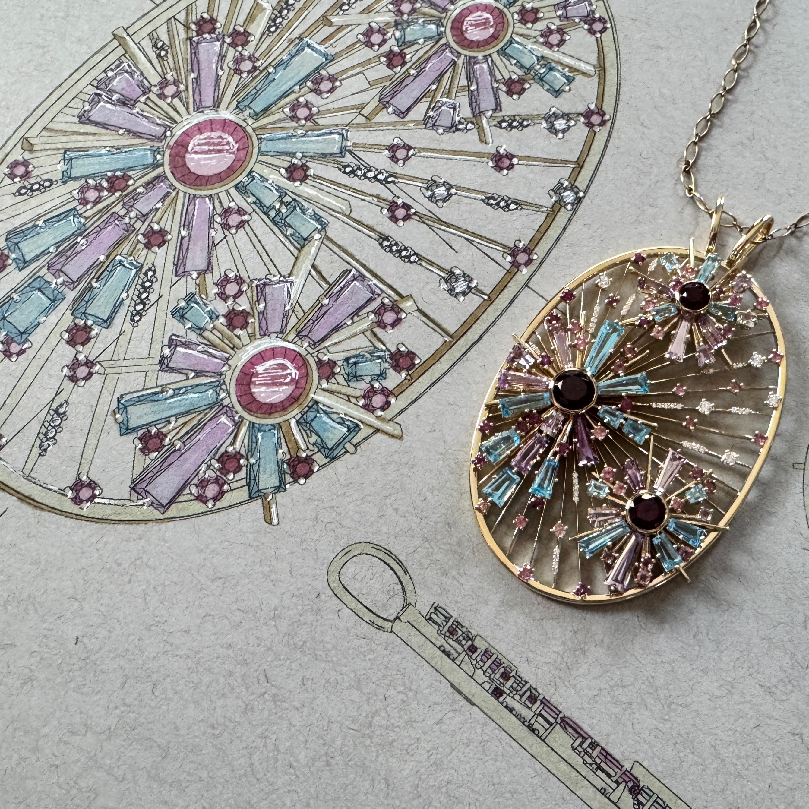 Decorative necklace with gemstone details on sketched design background