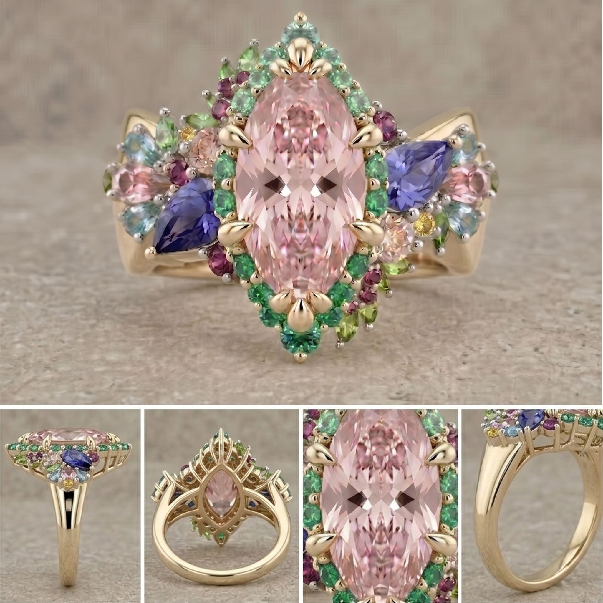 Multicolored gemstone ring with gold setting on a textured surface
