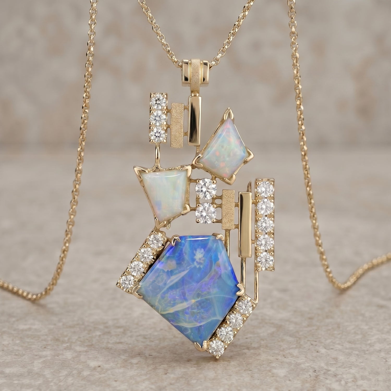 Gold necklace with opal and diamond pendant on a neutral background