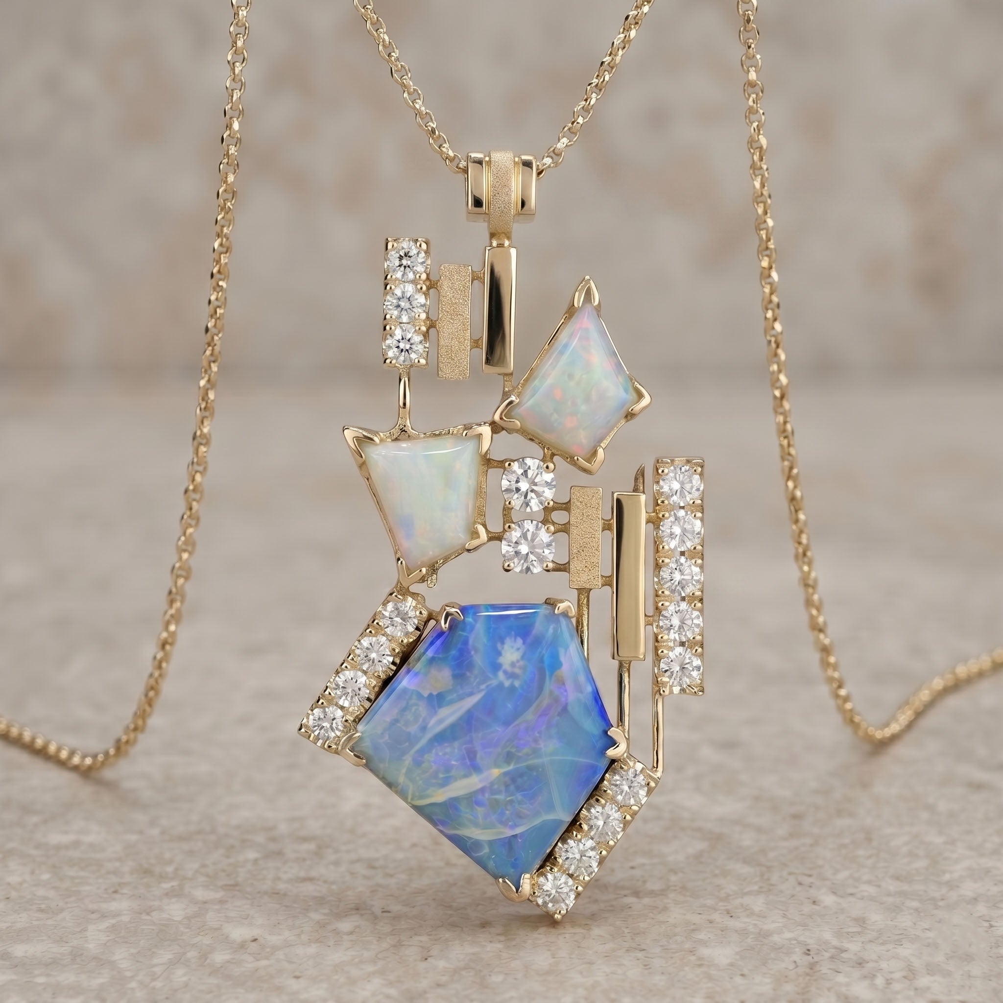 Gold necklace with opal and diamond pendant on a neutral background