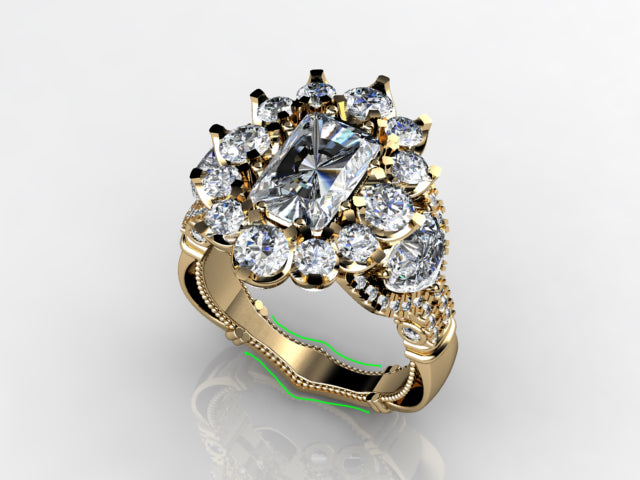 Gold ring with a large diamond and smaller stones on a white background