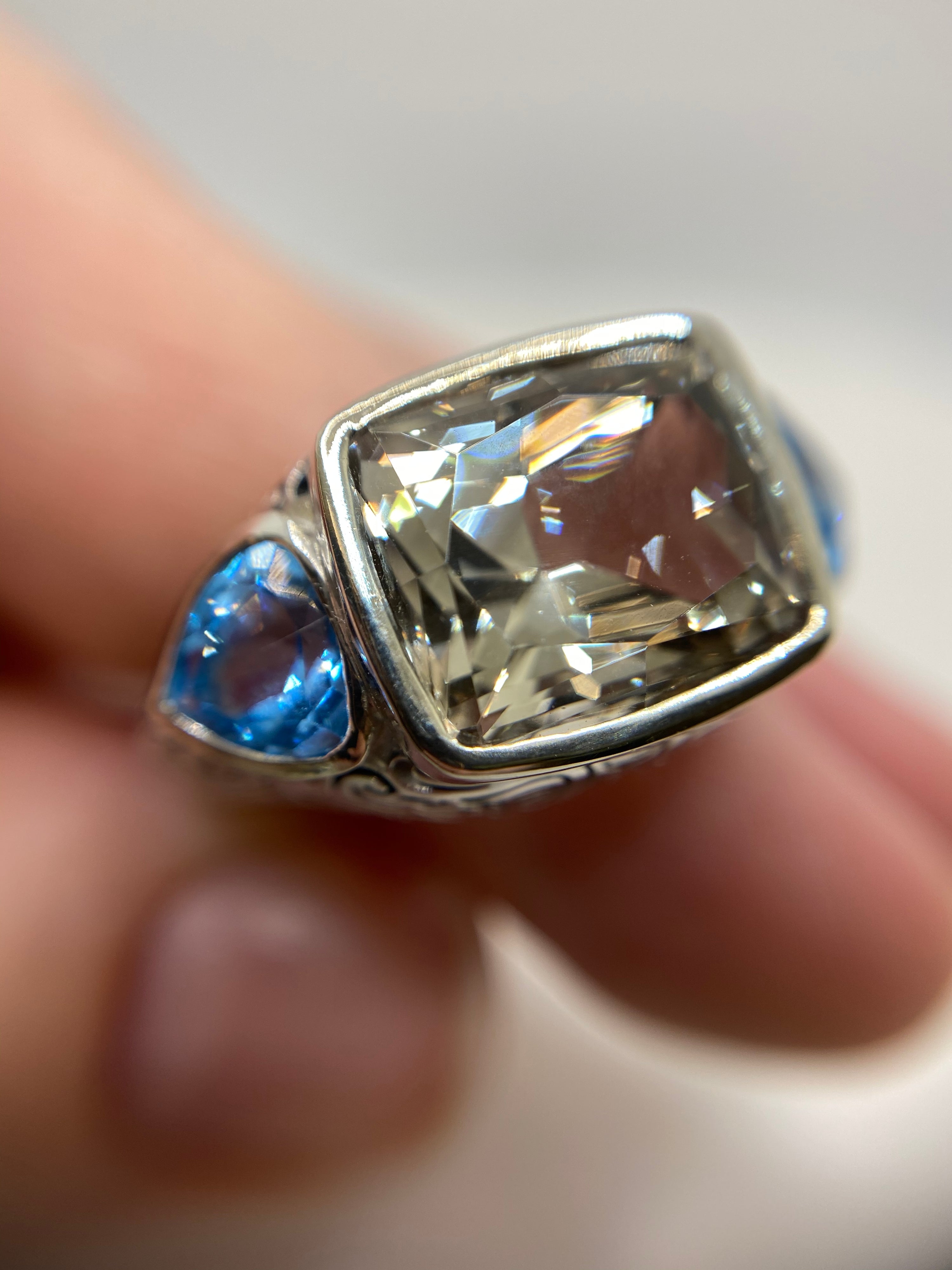 custom smoky and blue topaz ring