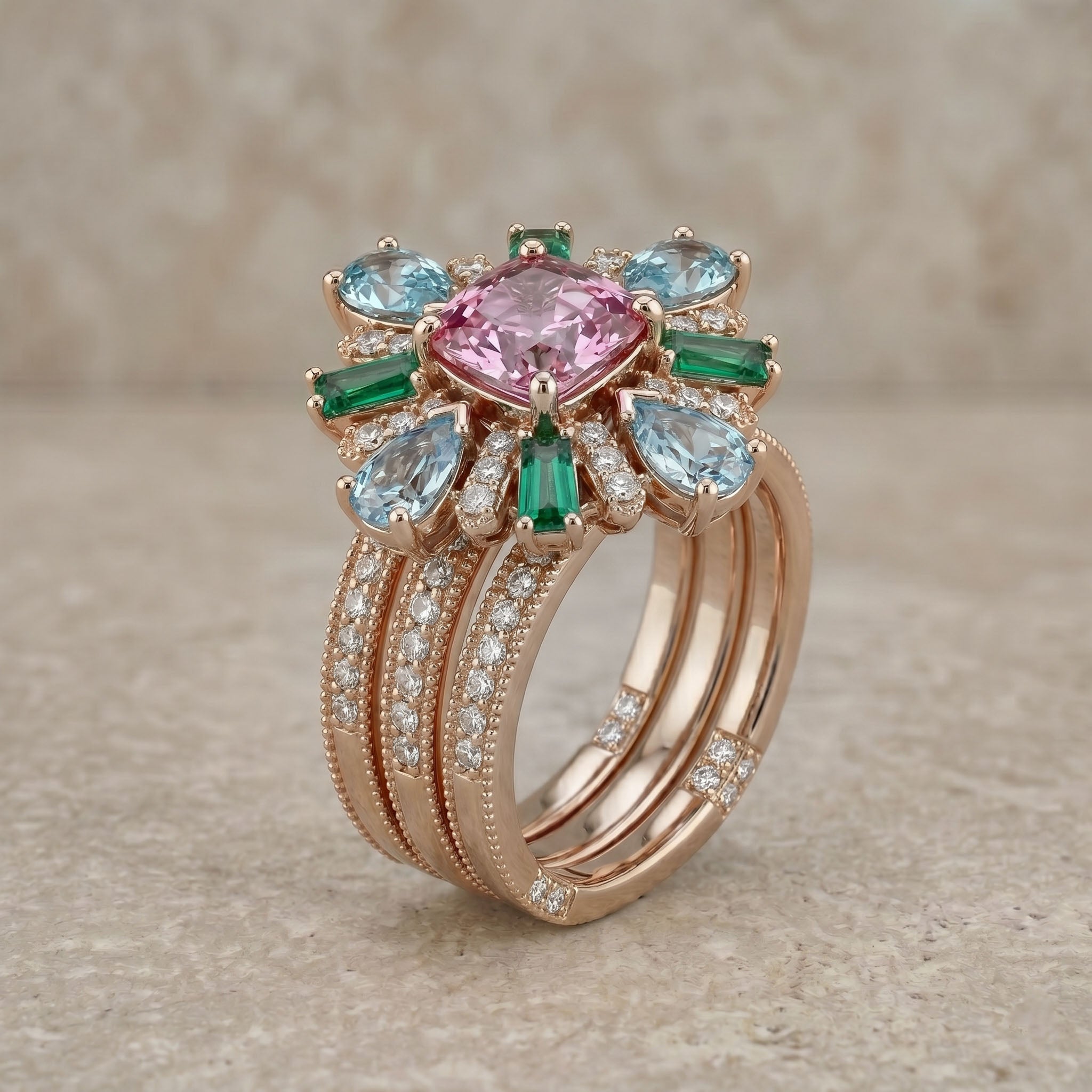 Rose gold ring with pink gemstone and green and blue gemstones on a beige background