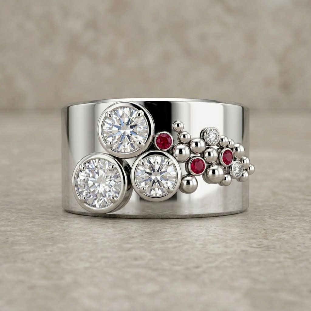 Silver ring with diamond and ruby stones on a neutral background