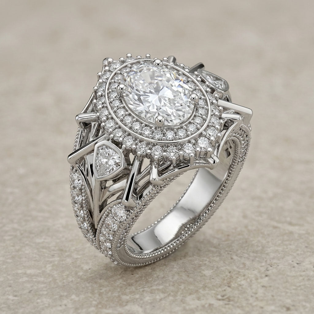 Silver ring with intricate design and multiple diamonds on a beige background