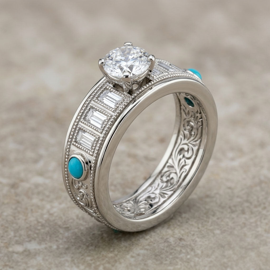 Silver ring with diamond and turquoise stones on a textured surface