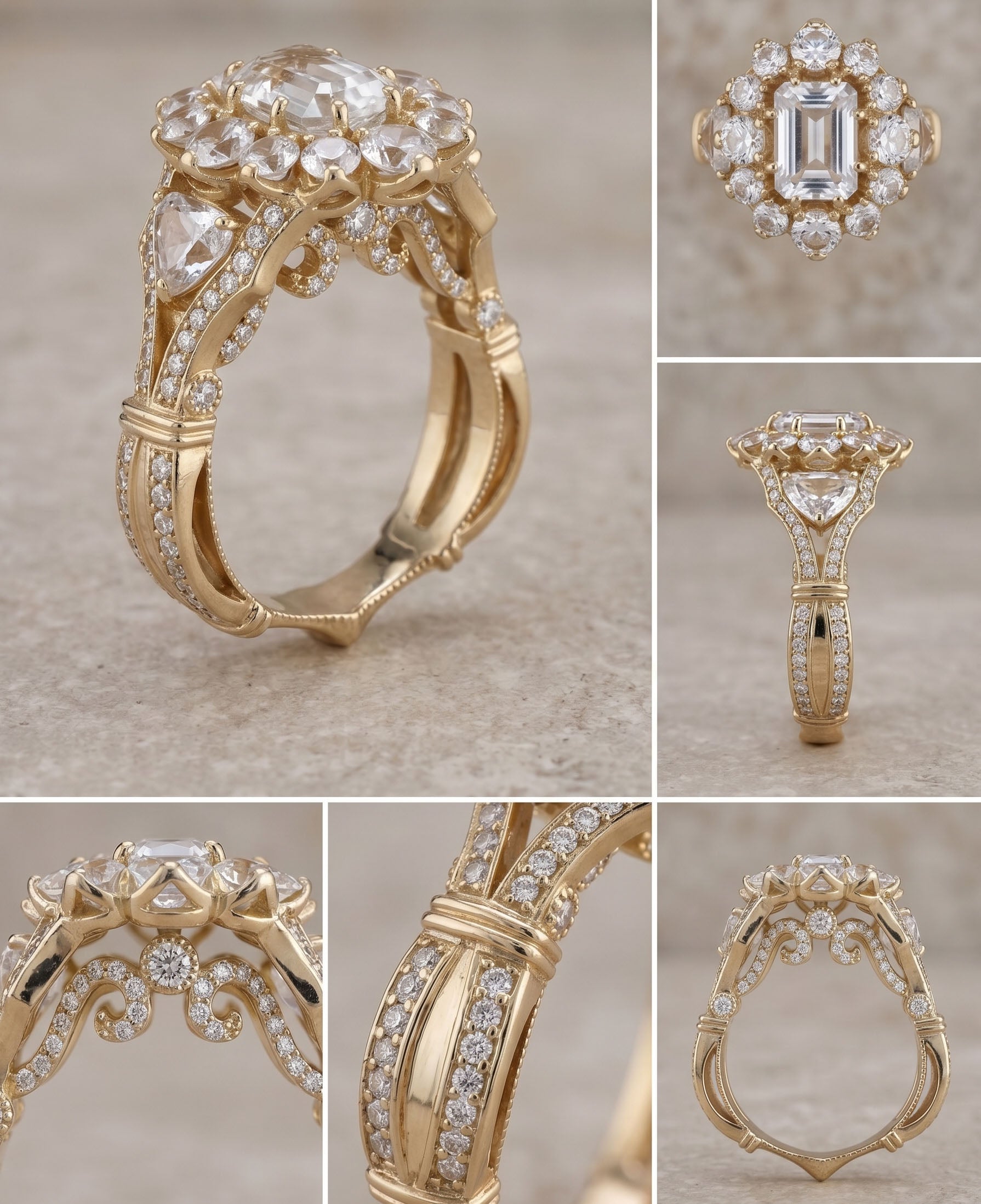 Collage of a gold ring with diamond accents on a neutral background