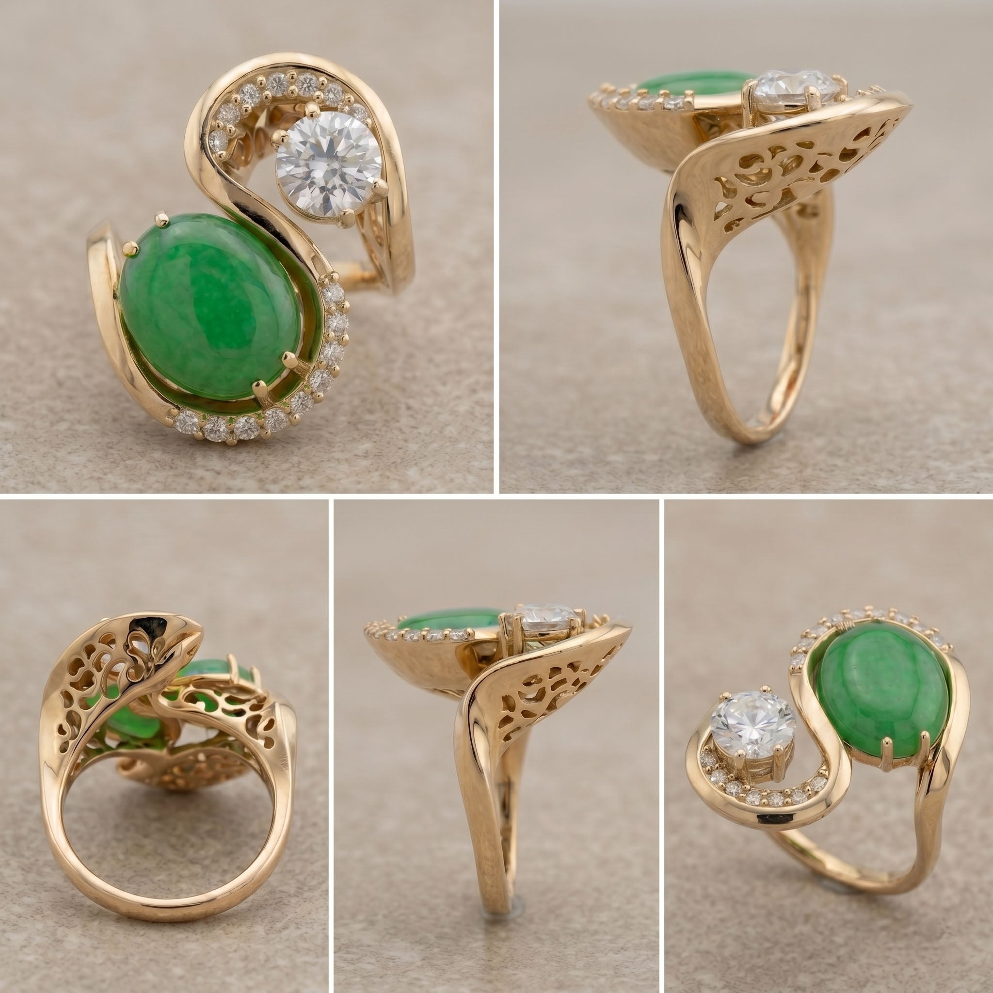 Gold ring with green gemstone and diamond accents on a gray background